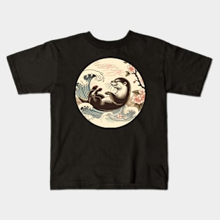 Aquatic Animal Vintage Sunset Art Floral Japanese Otter Kids T-Shirt